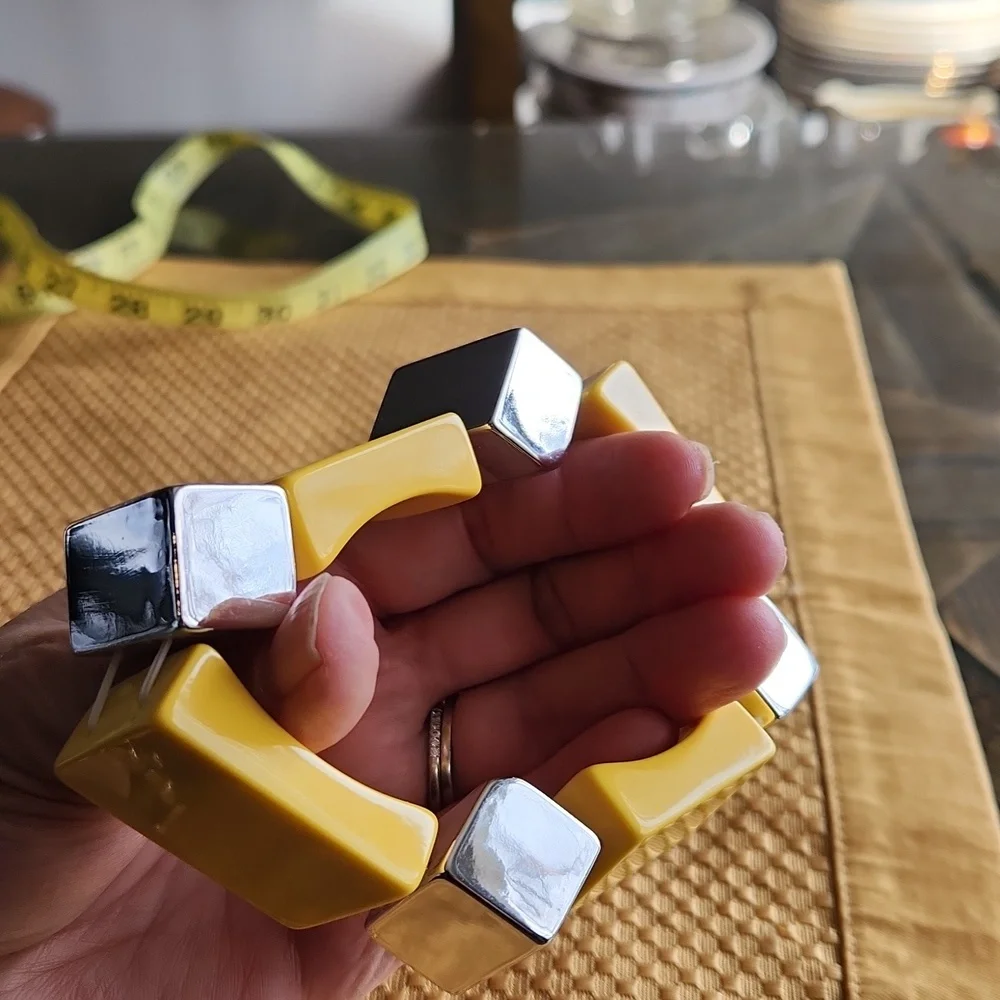 Yellow and Silver Stretch Bracelet Square Shape Geometric Chunky Bangle